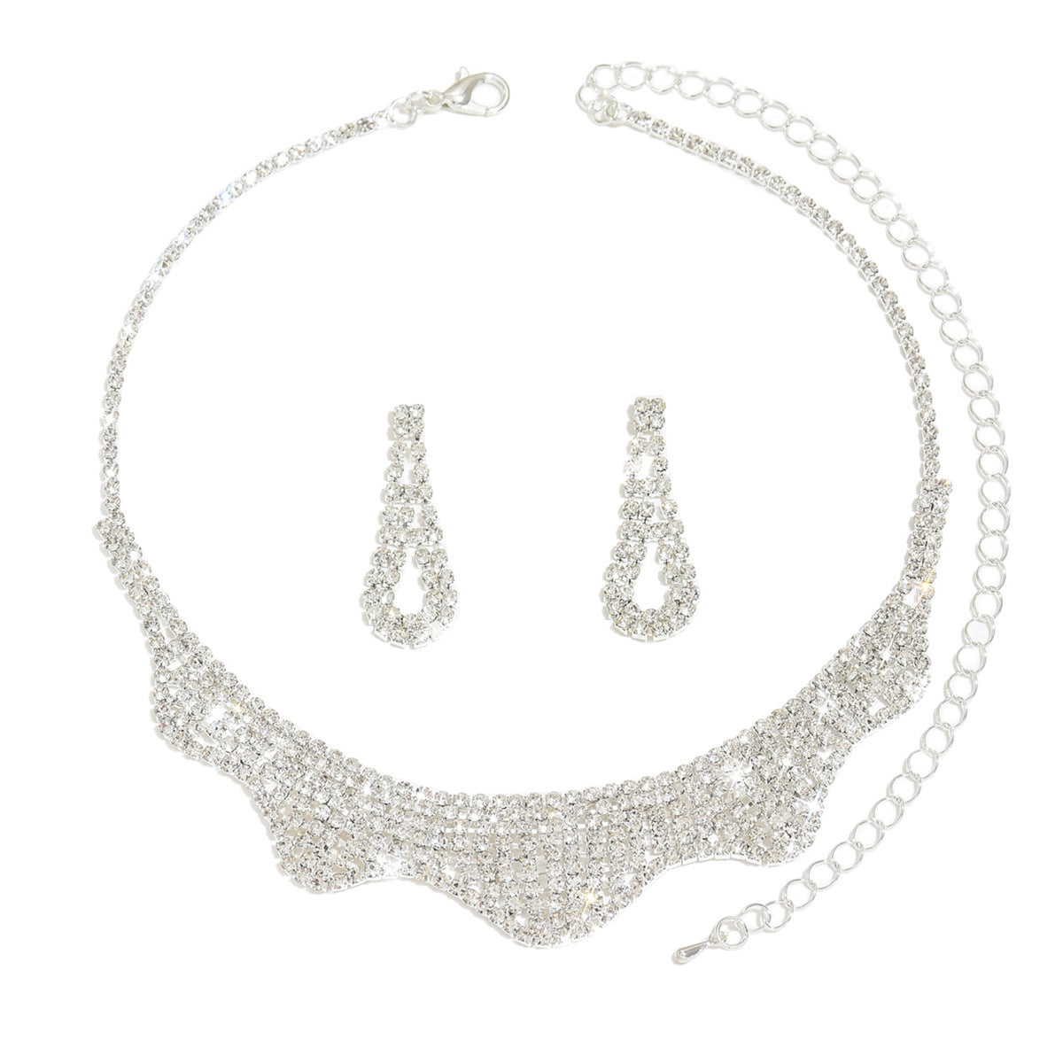 Women 2 Pcs Wavy Rhinestone Jewelry Set,Choker Necklace And Hollow Teardrop Dangle Earrings,Glamour Costume Accessories For Wedding Banquet Party Occasion