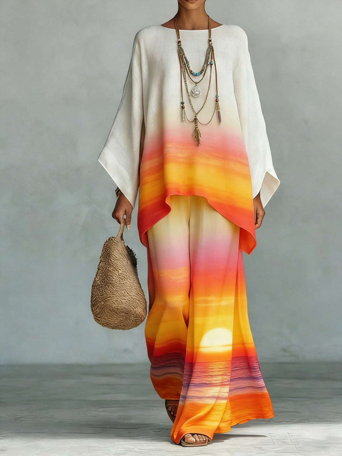 Women's Bohemian Printed Long Sleeve Top and Wide Leg Pant Set