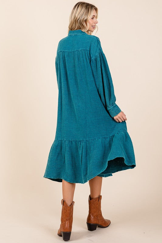 Cotton Gauze Ruffle Midi Shirt Dress in Teal