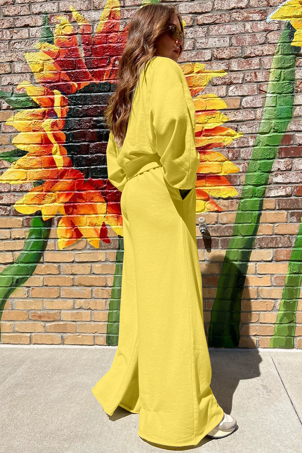 Yellow Cream Drop Shoulder Crop Pullover Wide Leg Pants Set