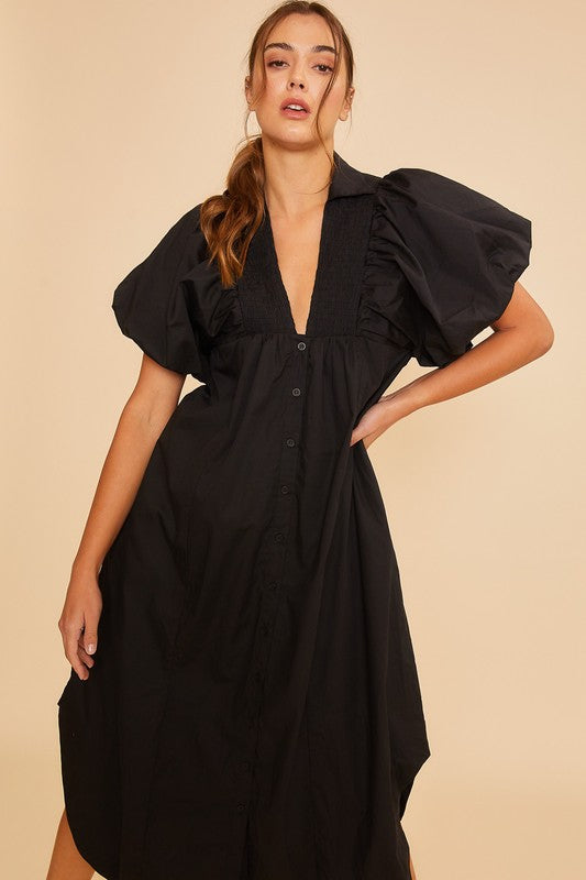Black Puff Sleeve Midi Dress - Sophisticated Smocked Design
