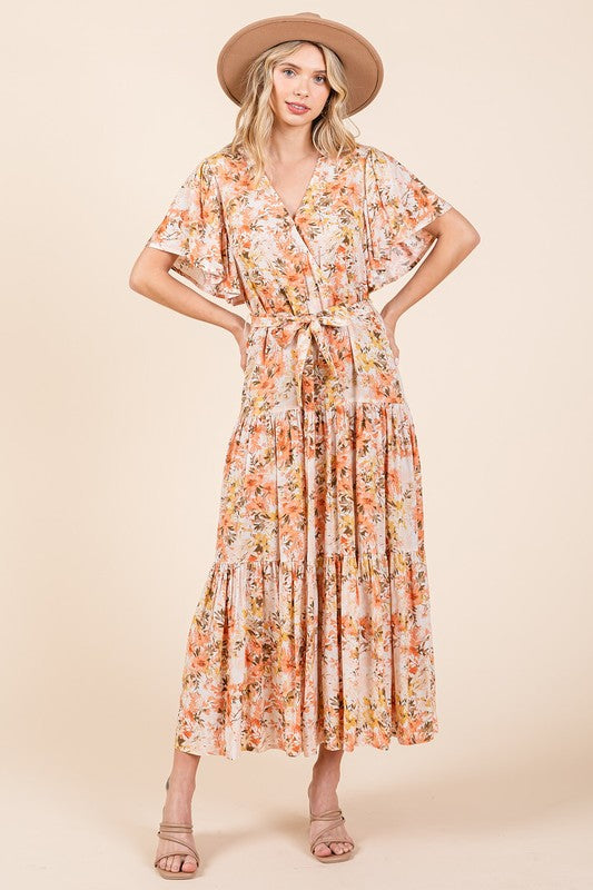 Floral Tie Waist Flutter Sleeve Tiered Dress
