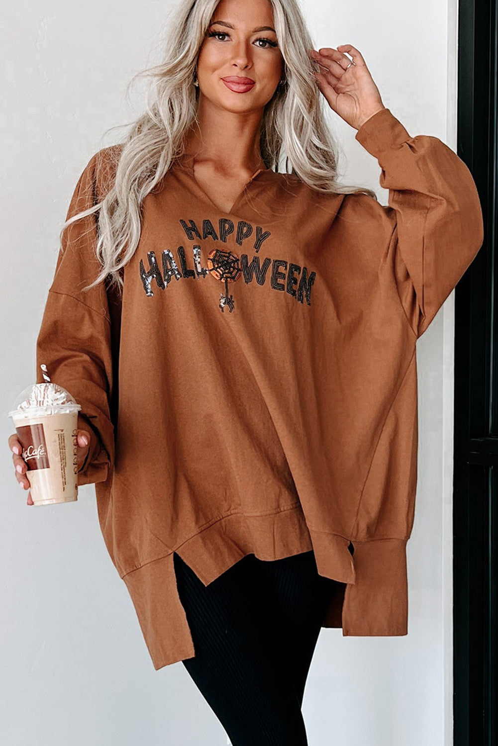 Chestnut Sequin Happy Halloween Graphic Notched Neck Loose Top