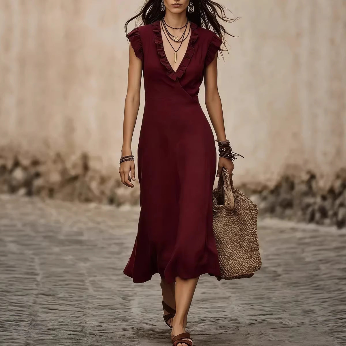 Women's V-Neck Cotton-Linen Ruffle Trim Flutter Sleeve Midi Dress - Image 2