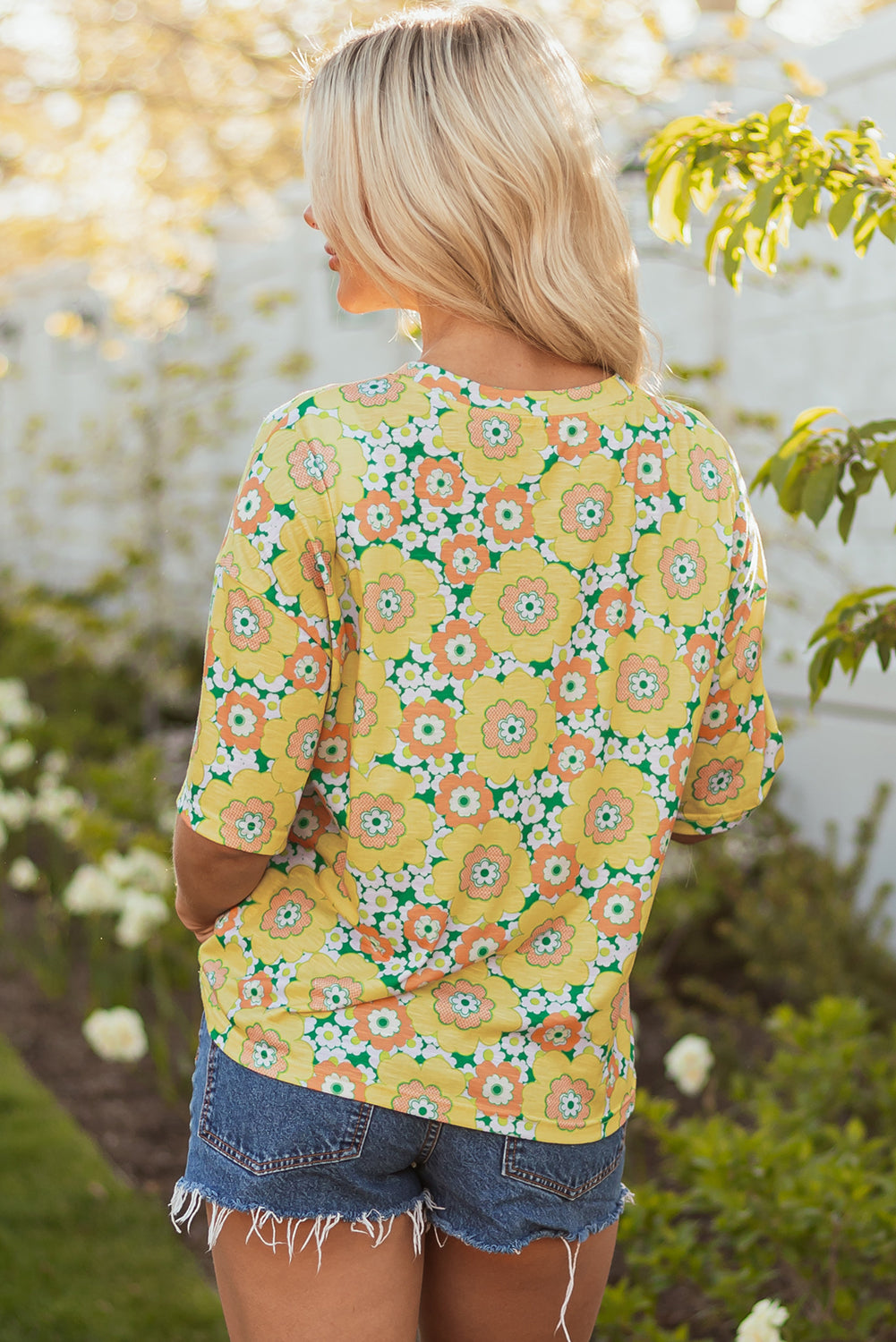 Flower Drop Shoulder Loose Summer T-Shirt in Yellow