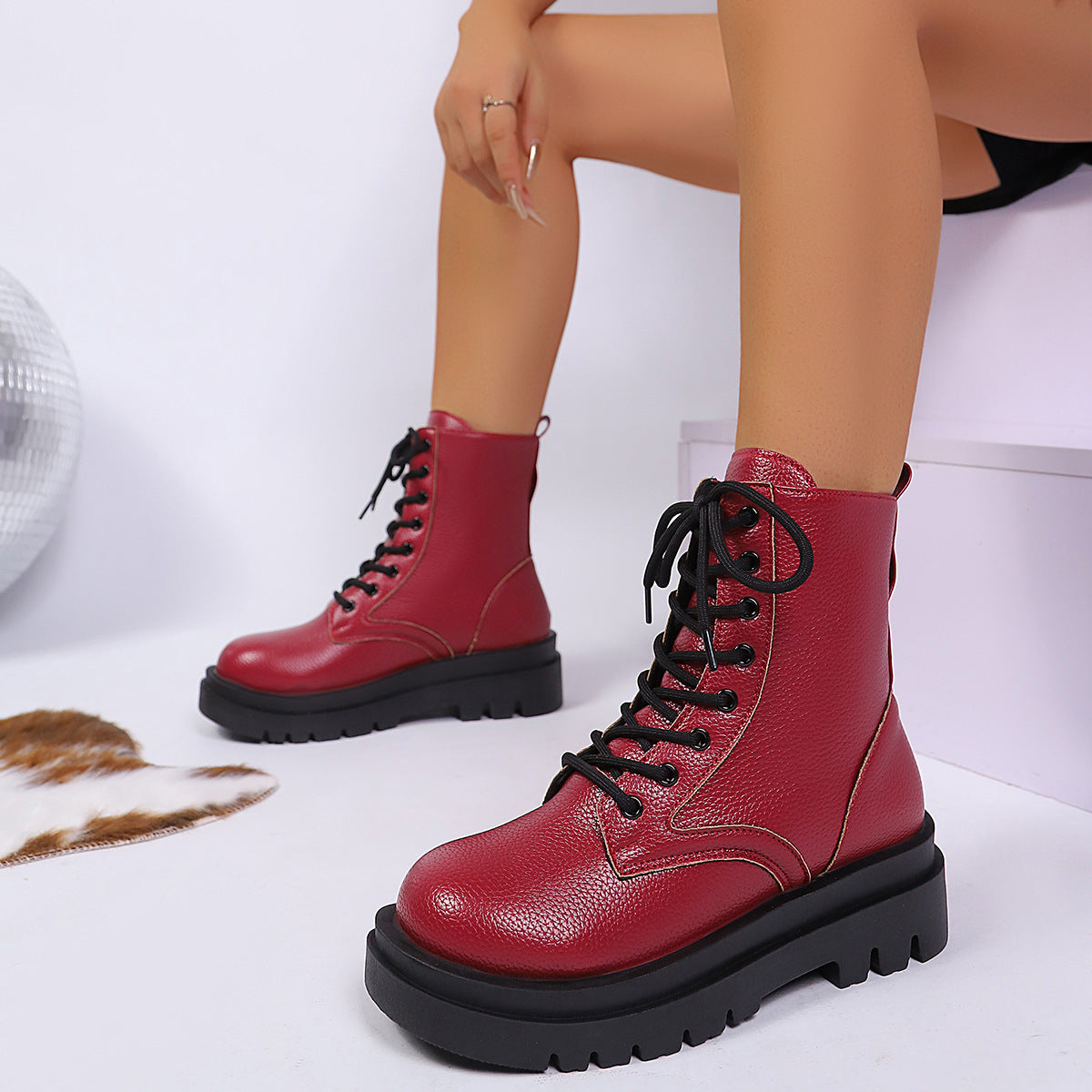 Women’s Round Toe Lace-Up Chunky Sole Ankle Boots - Image 4