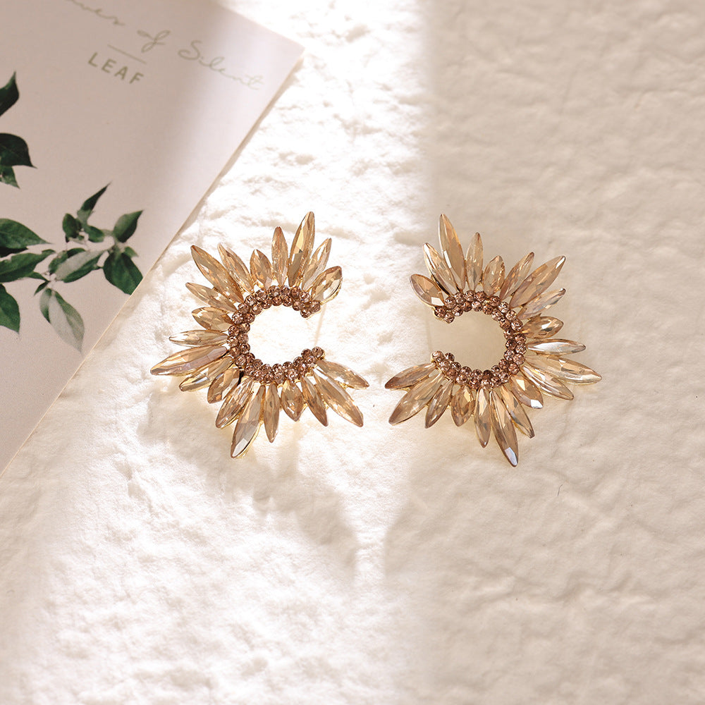 Cross Border Zircon Sunflower Earrings Gradient Marquise Crystal C Loop Flower Earrings Party Alloy Stud Ear Jewelry Wholesale