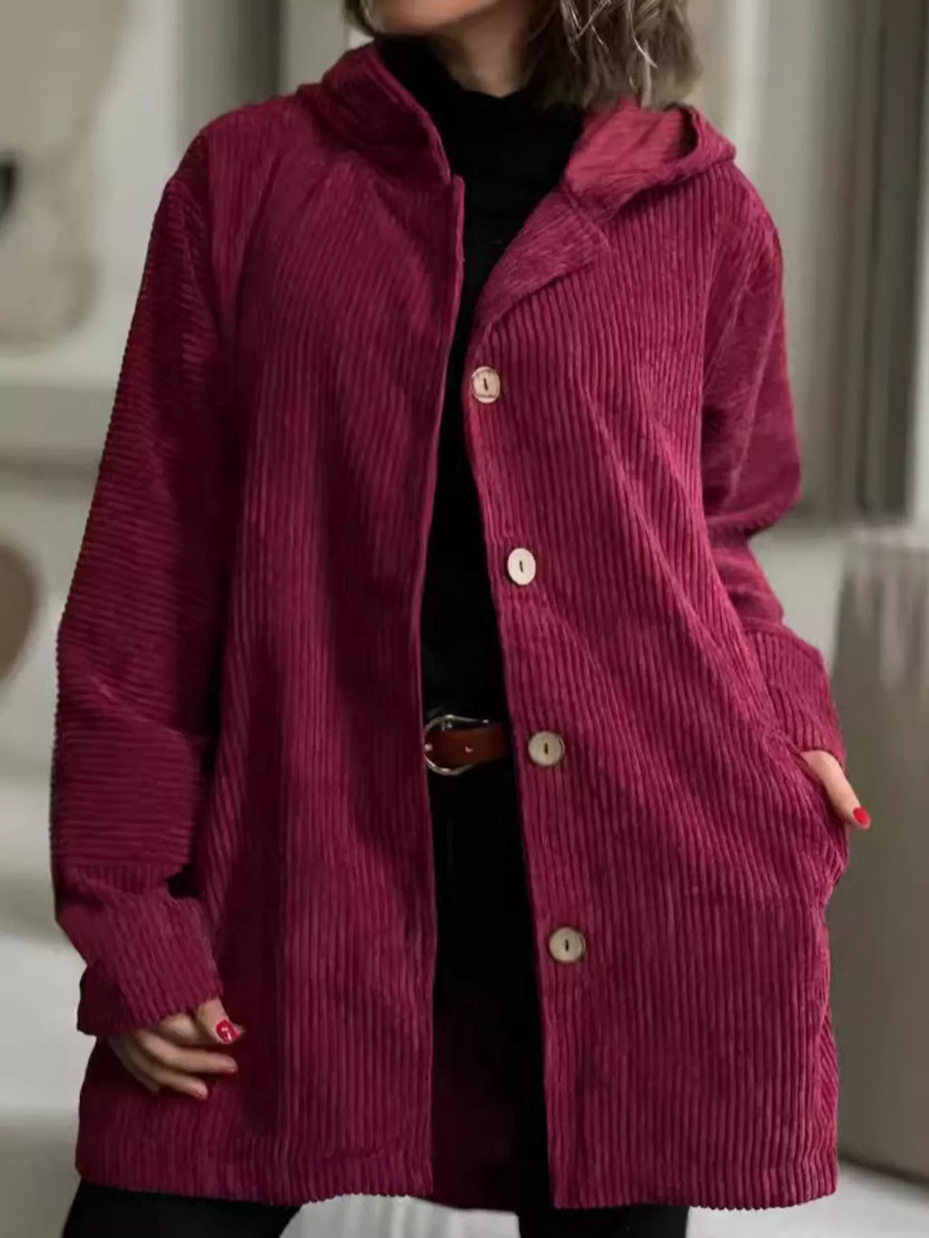 Full Size Corduroy Hooded Button-Up Jacket Plus Size