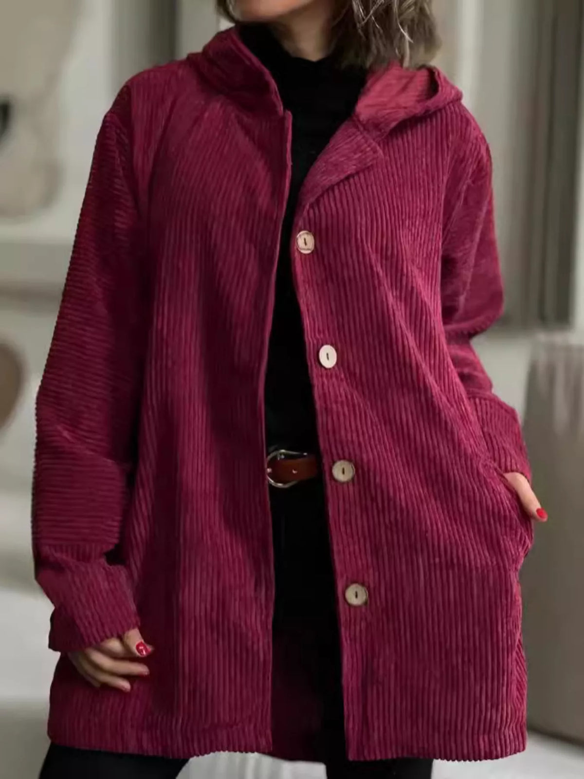 Full Size Corduroy Hooded Button-Up Jacket Plus Size