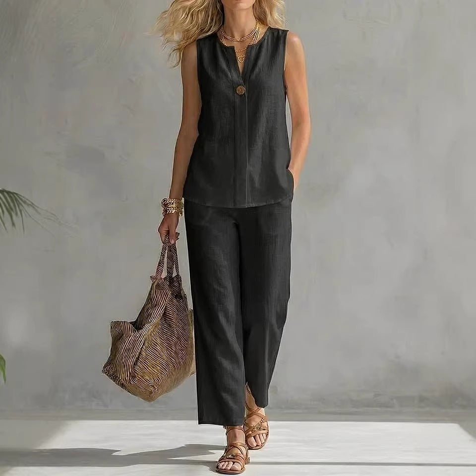 Women's Sleeveless V-Neck Top and Wide Leg Pant Two-Piece Set
