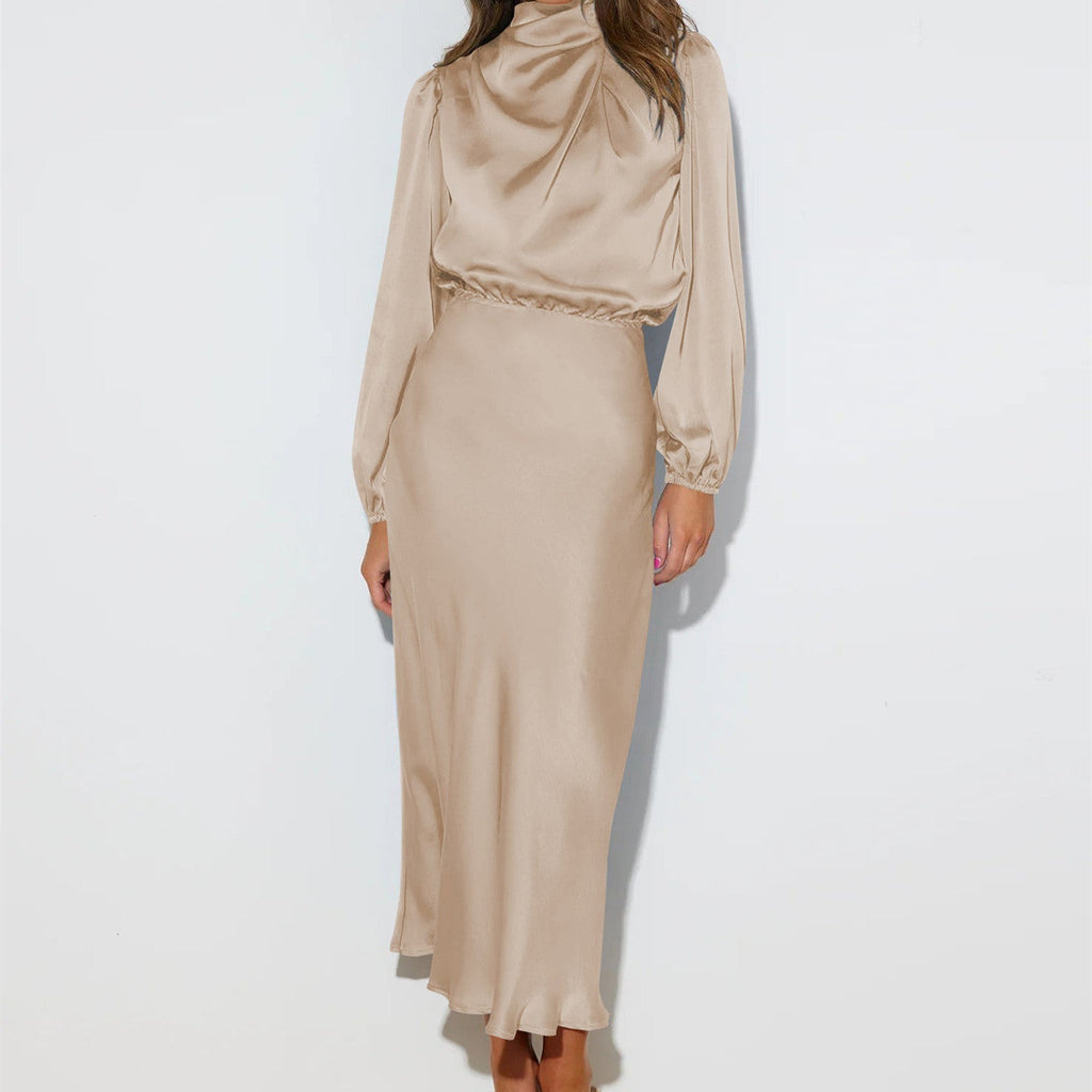 Satin Halterneck Long-Sleeved Mid-Length Evening Dress