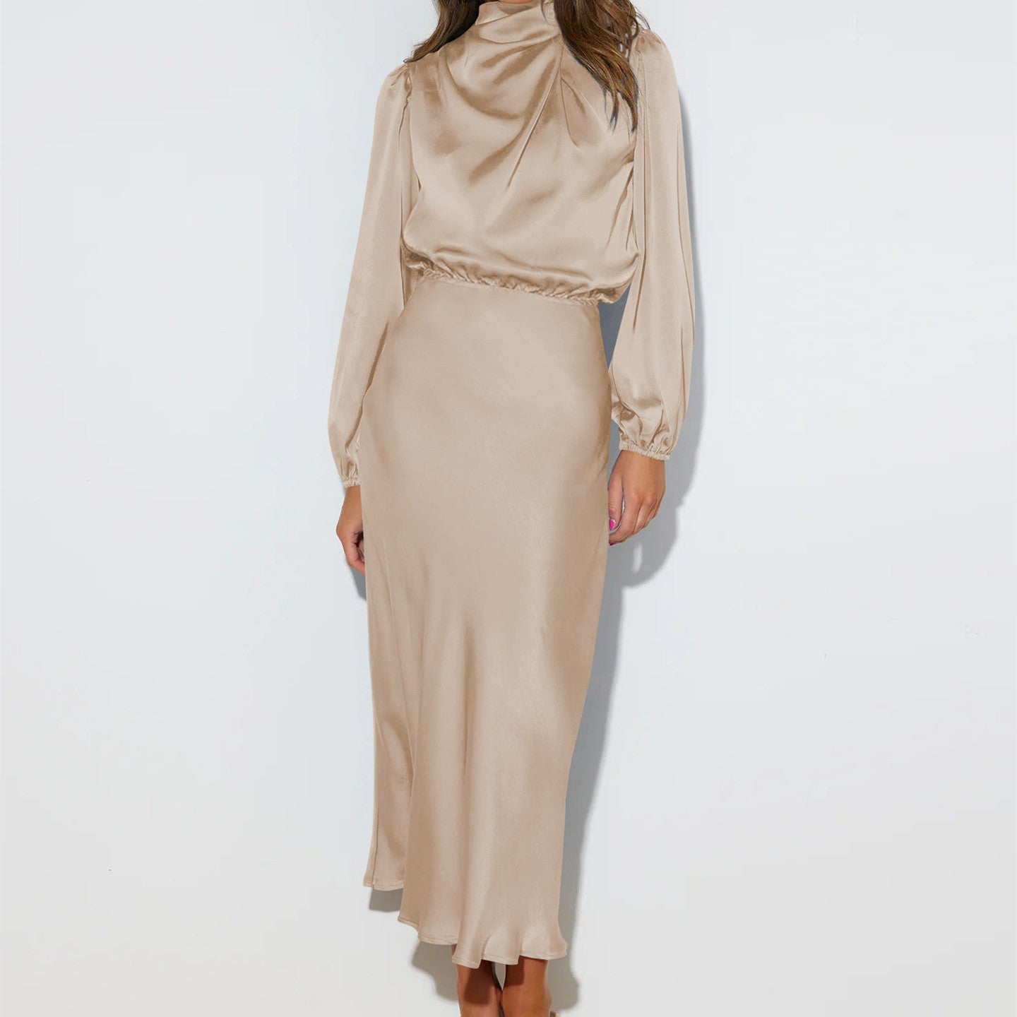 Satin Halterneck Long-Sleeved Mid-Length Evening Dress