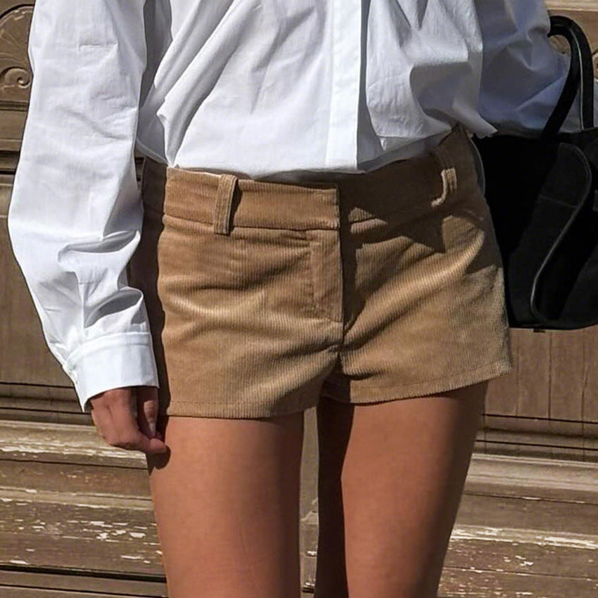 Women's Low-Rise Straight-Leg Corduroy Shorts in Tan - Image 4