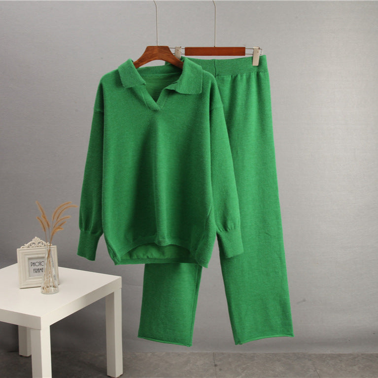 Women's Solid Color Lapel Sweater Two-Piece Co-ord Set - Image 4