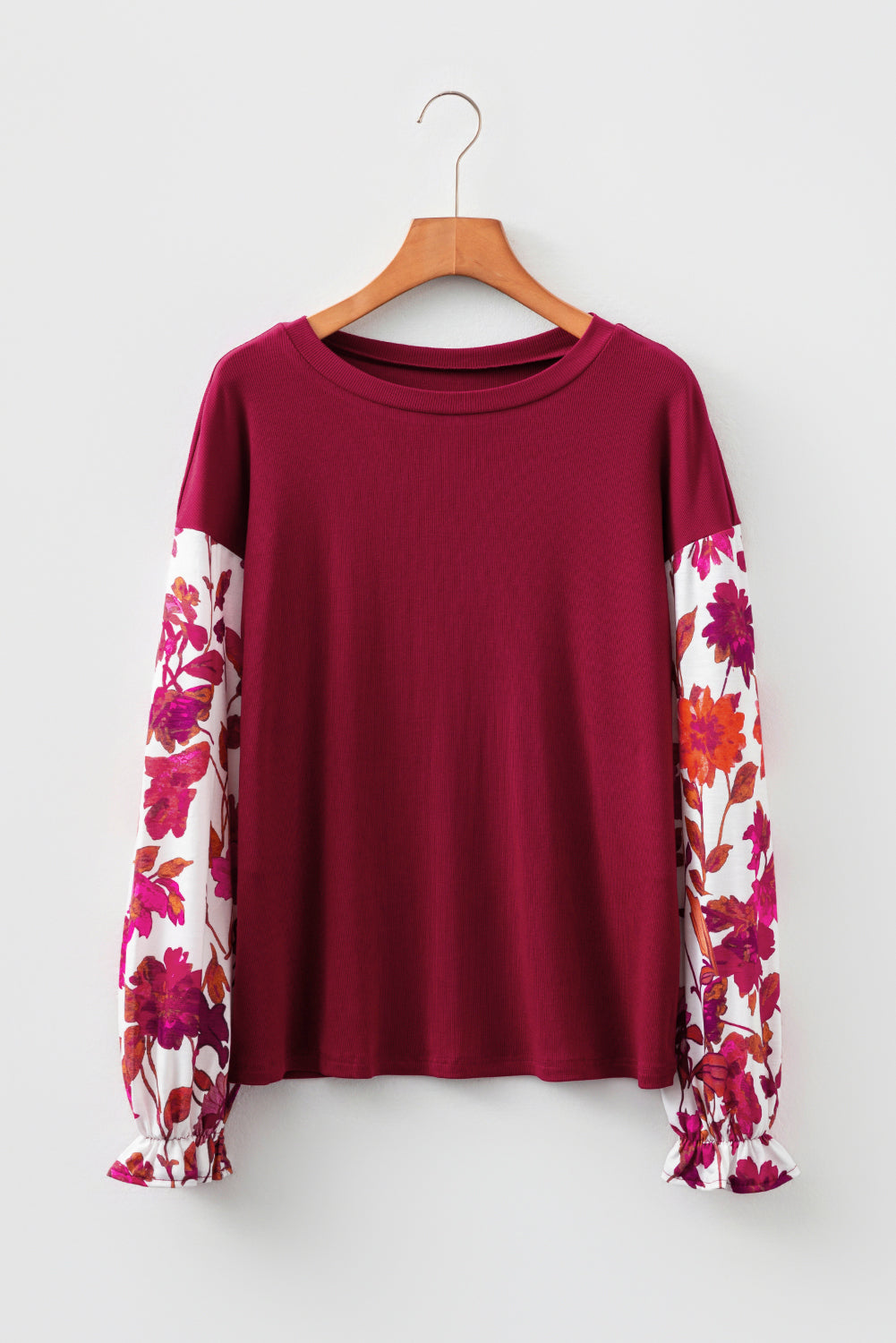 Wild Ginger Contrast Floral Sleeve Solid Ribbed Long Sleeve Top