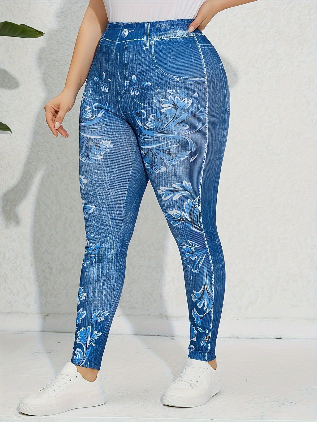 Blue Floral Plus Size High Waisted Leggings