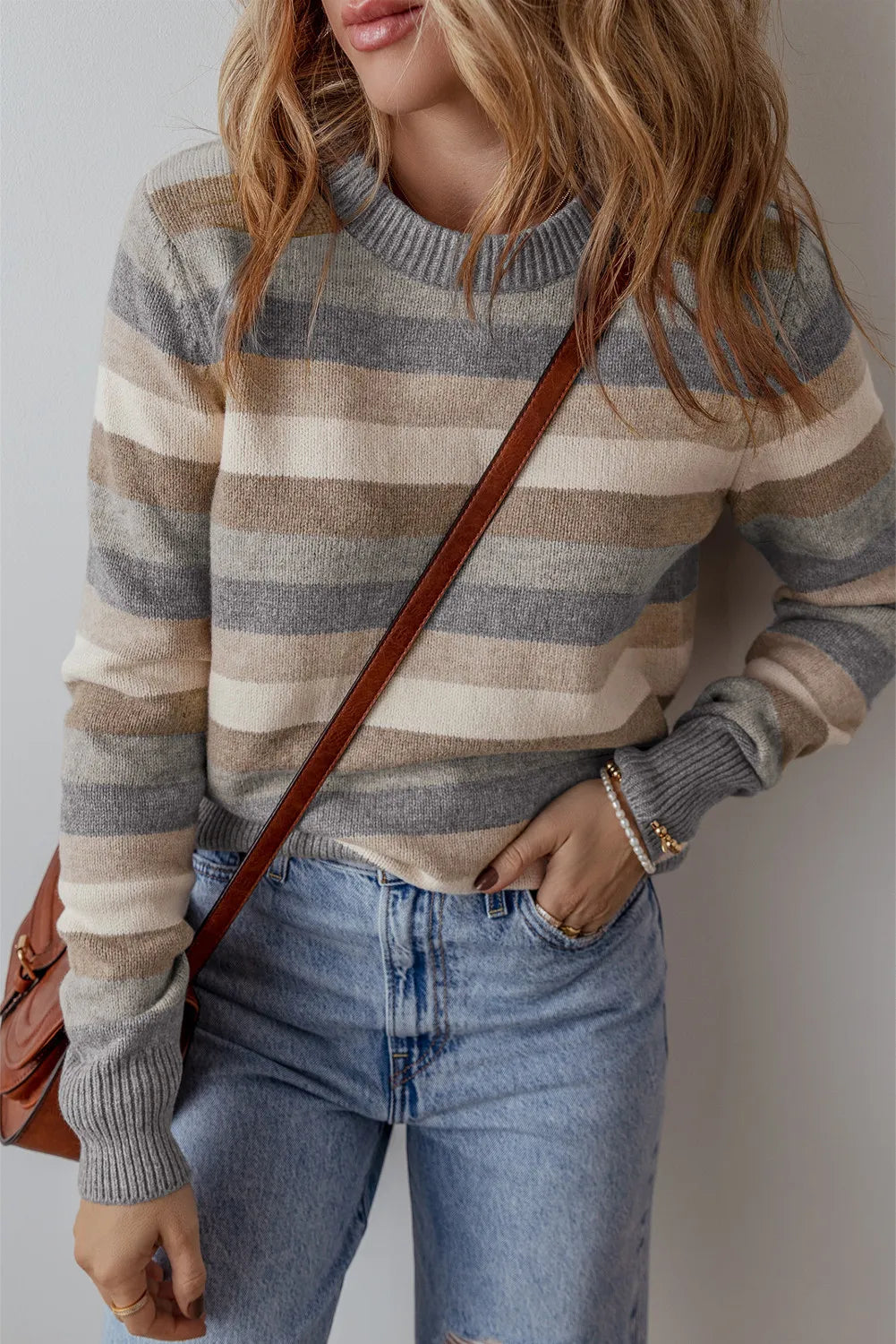 Women's Striped Round Neck Long Sleeve Knit Sweater Multicolor - Image 8