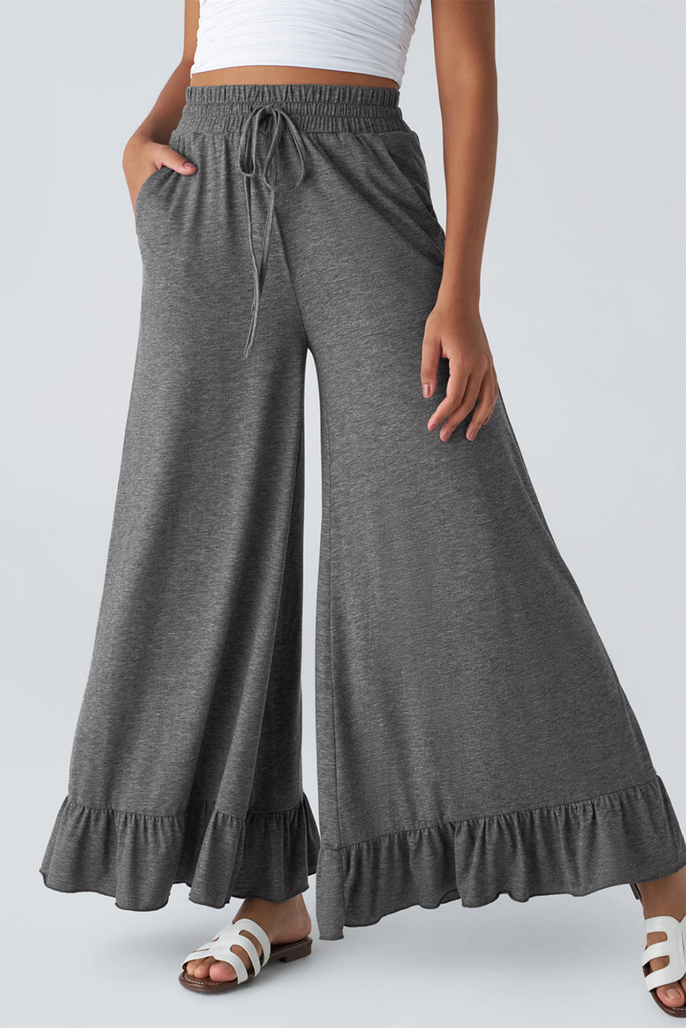 Women’s Wide Leg Knit Pants with Ruffle Hem - Relaxed Bohemian Style