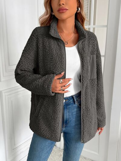 Fuzzy Zip-Up Long Sleeve Jacket Soft Plush Winter Outerwear