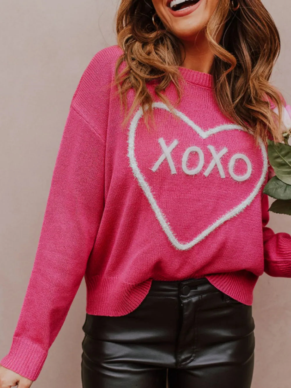 XOXO Heart Graphic Drop Shoulder Sweater in Pink and White - Image 2