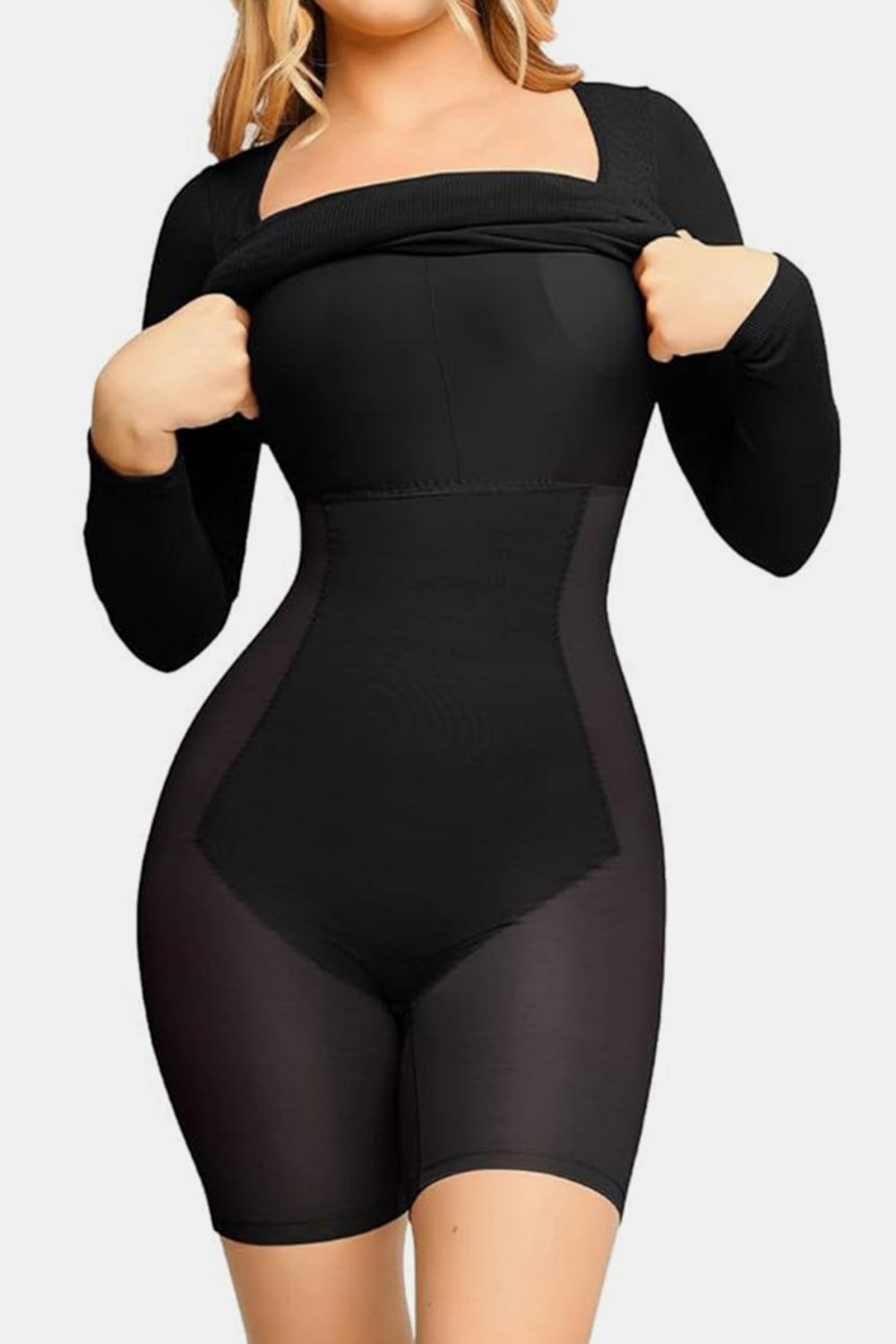 Black Square Neck Long Sleeve Sculpting Built-In Shapewear Dress