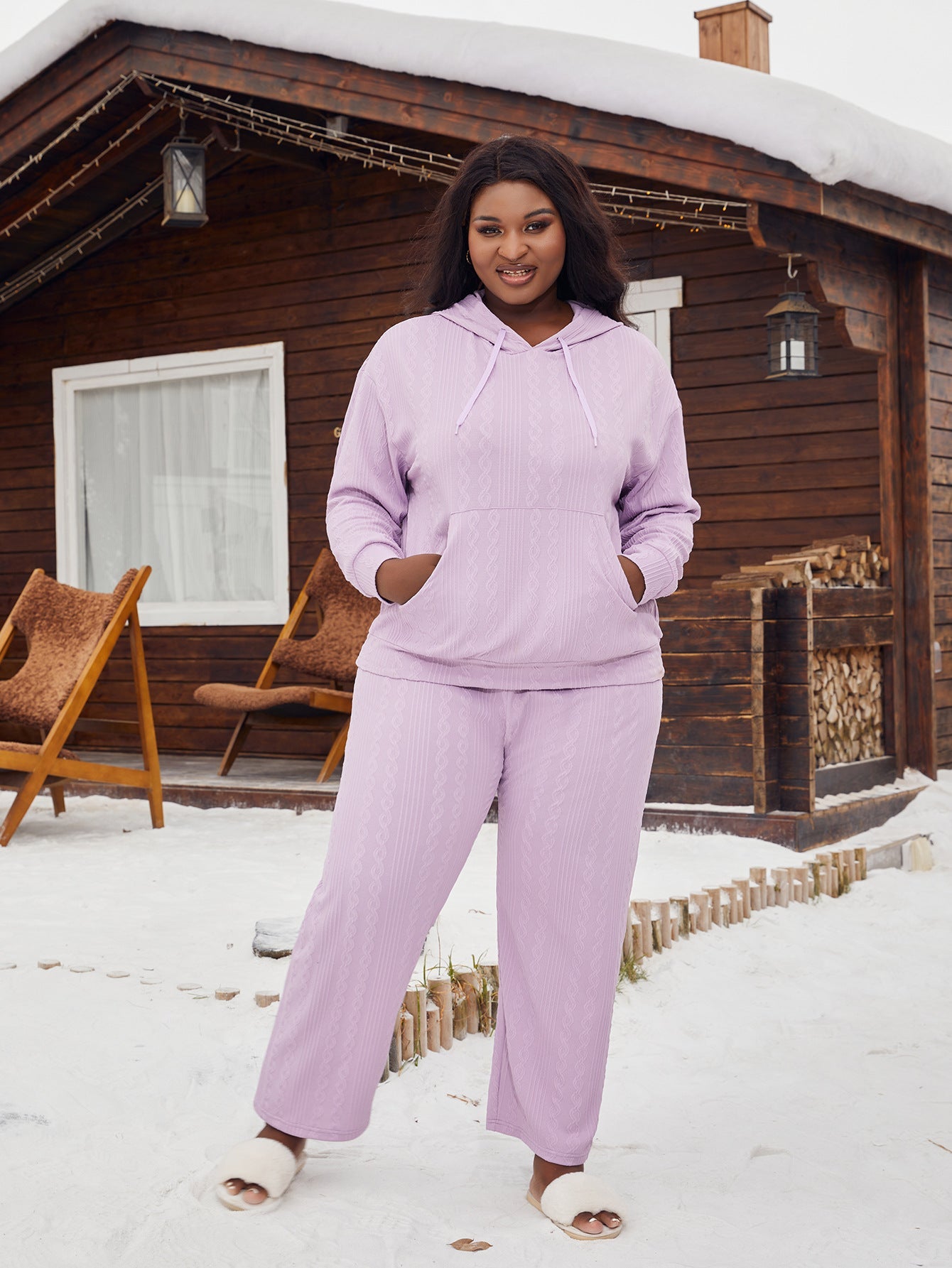 Women's Hooded Knit Sweater Set Lavender Loungewear Lounge Trousers