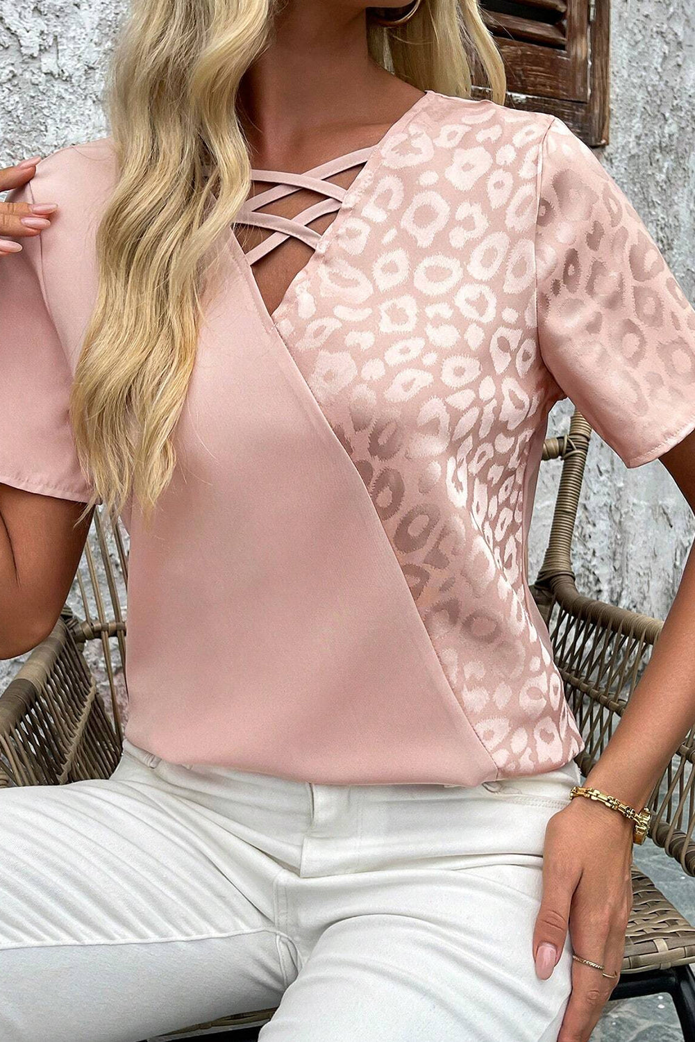 Apricot Pink Leopard Patchwork Cross Strappy V-Neck Blouse