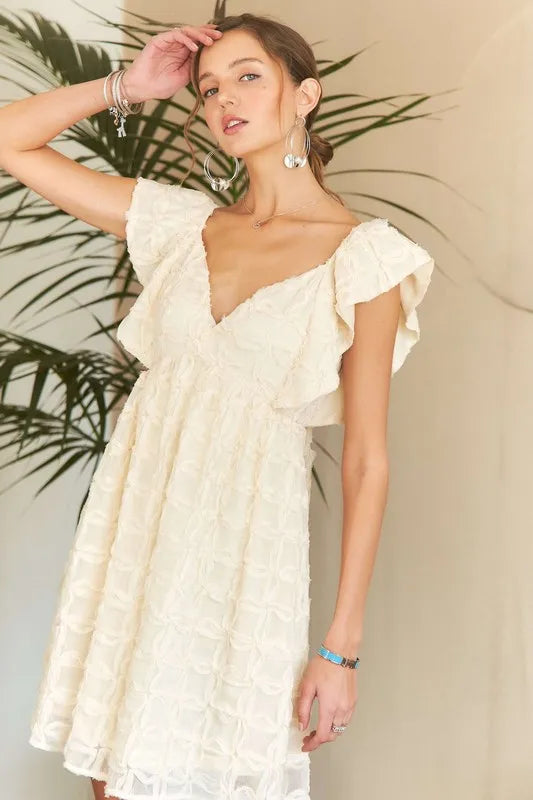 Cream Tie Back V-Neck Ruffle Sleeve Summer Dress