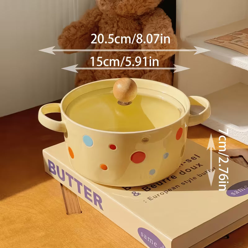 Colorful Polka Dot Ceramic Noodle Bowl with Lid