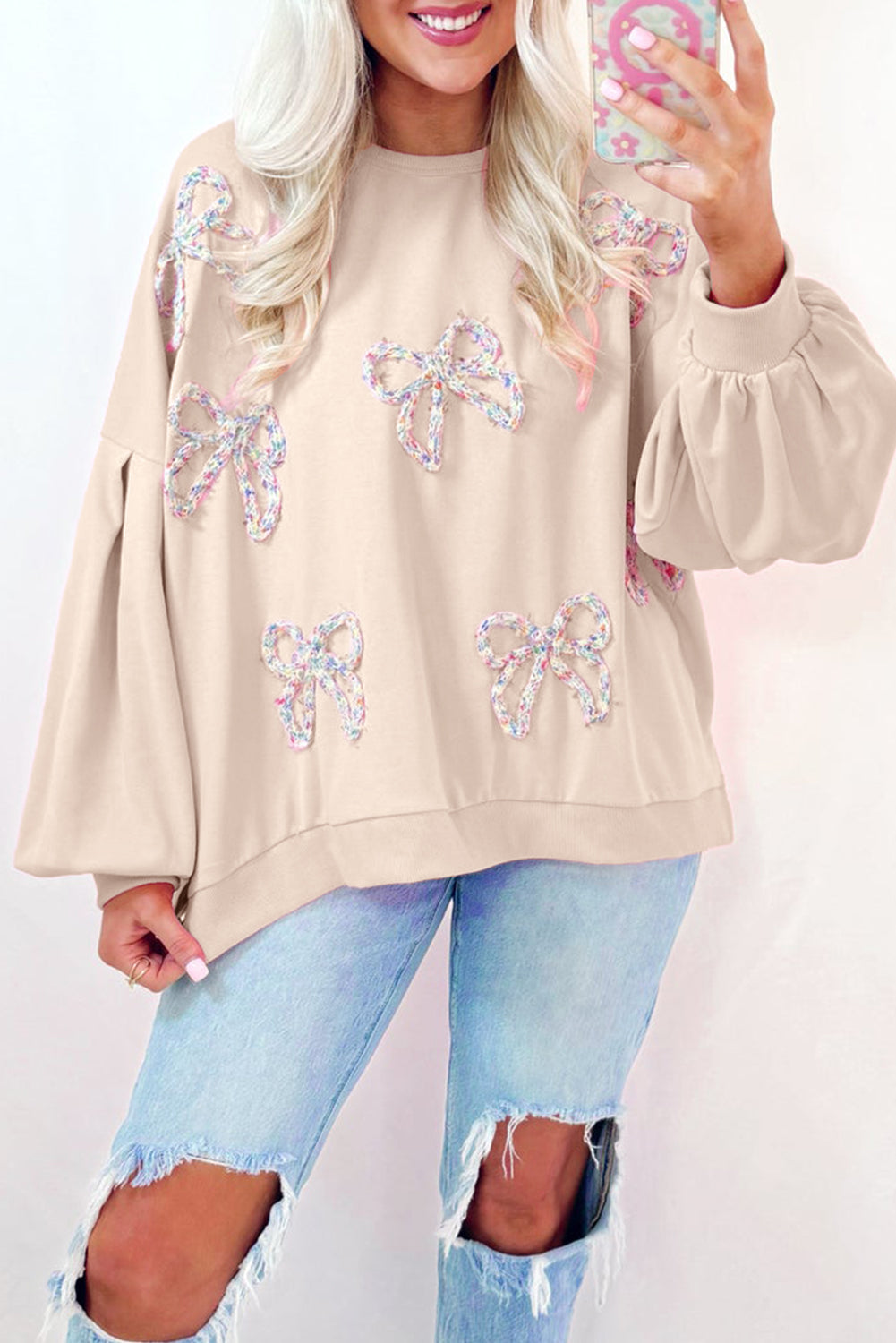 Parchment Embroidered Bow Lantern Sleeve Oversized Sweatshirt