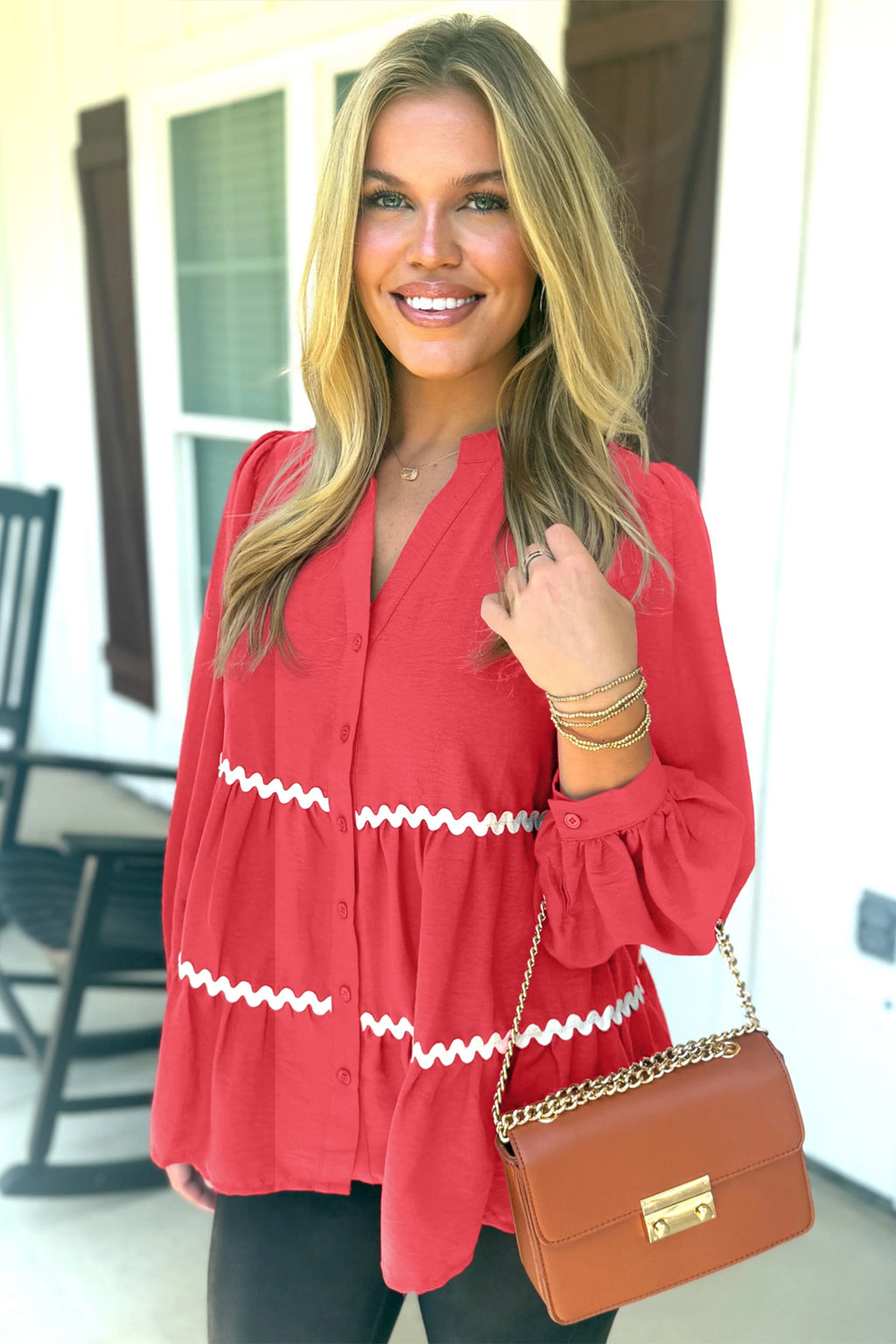 Coral Contrast Ricrac Trim V-Neck Button Down Shirt