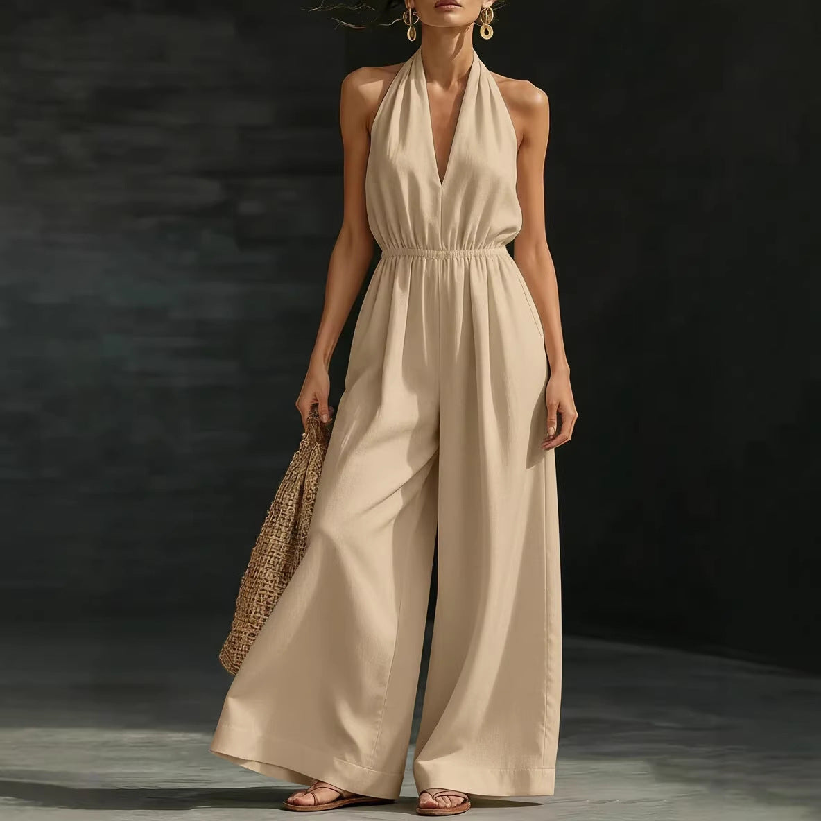 Women’s V-Neck Halter Neck Wide-Leg Sleeveless Jumpsuit