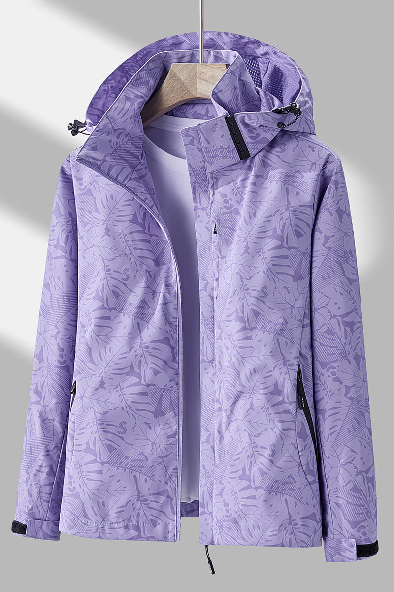 Women's Tropical Leaf Print Lightweight Windproof Hooded Jacket - Image 15