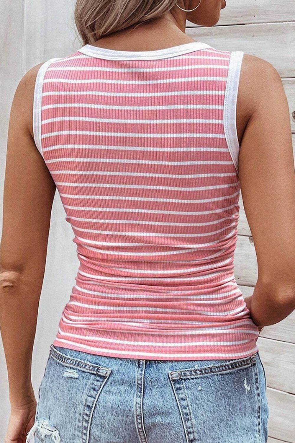 Women's Pink and White Striped Ribbed Knit Round Neck Tank Top - Image 3