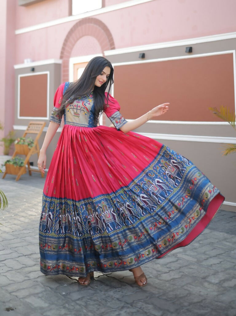 Rani Pink Patola Foil Print Dola Silk Anarkali Floor Length Dress