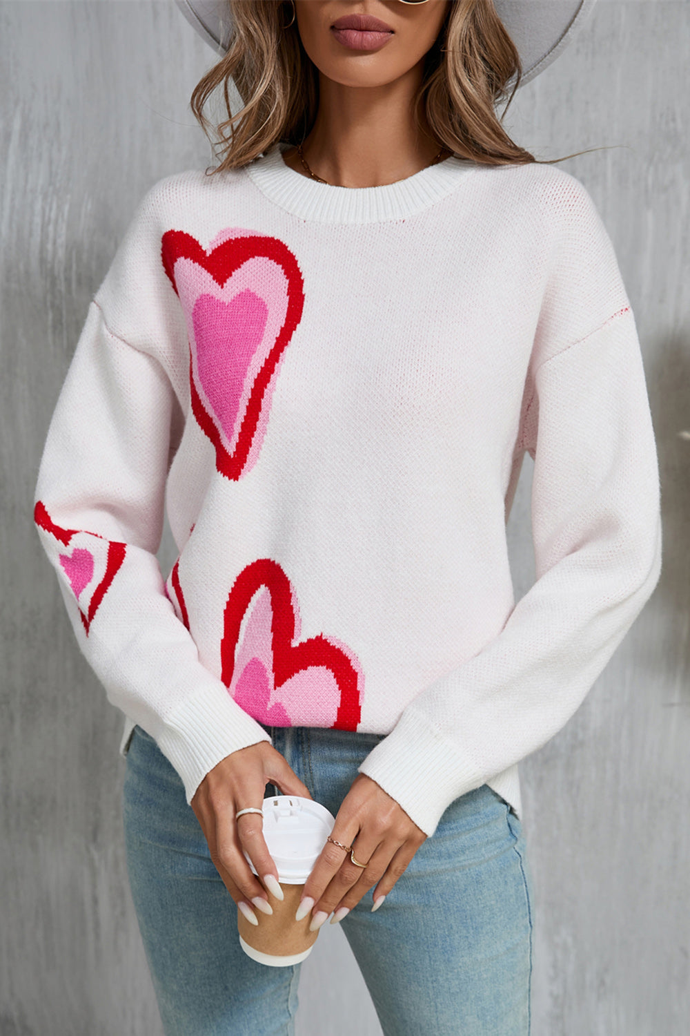 White Pink and Red Heart Print Long Sleeve Crew Neck Sweater - Image 3