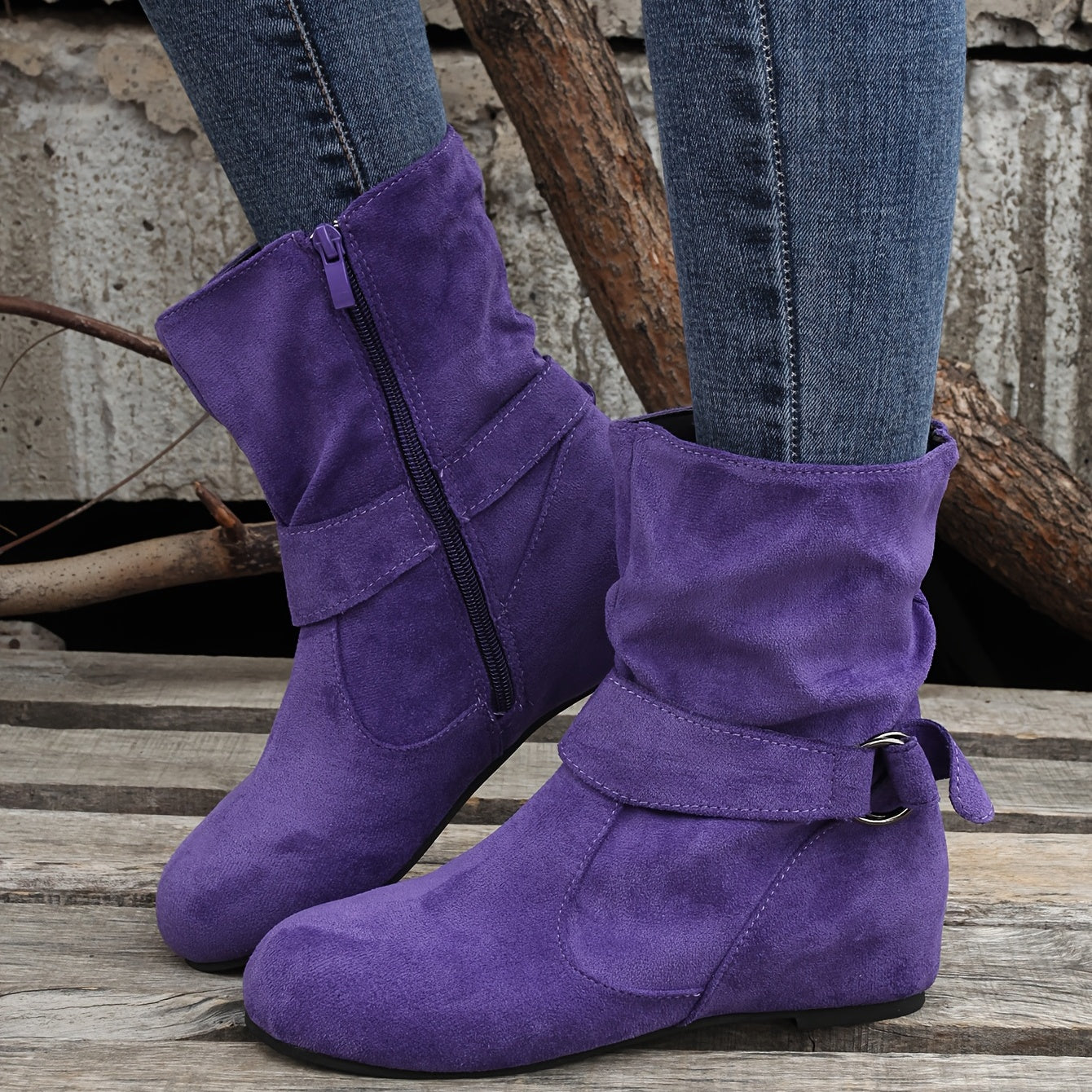 Women's Ankle Boots with Buckle Belt & Side Zip