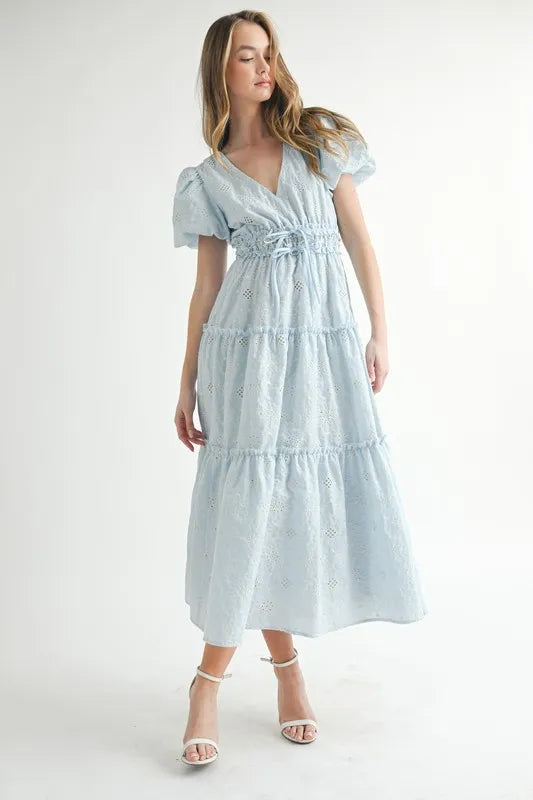 Eyelet Lace Puff Sleeve V-Neck Midi Dress