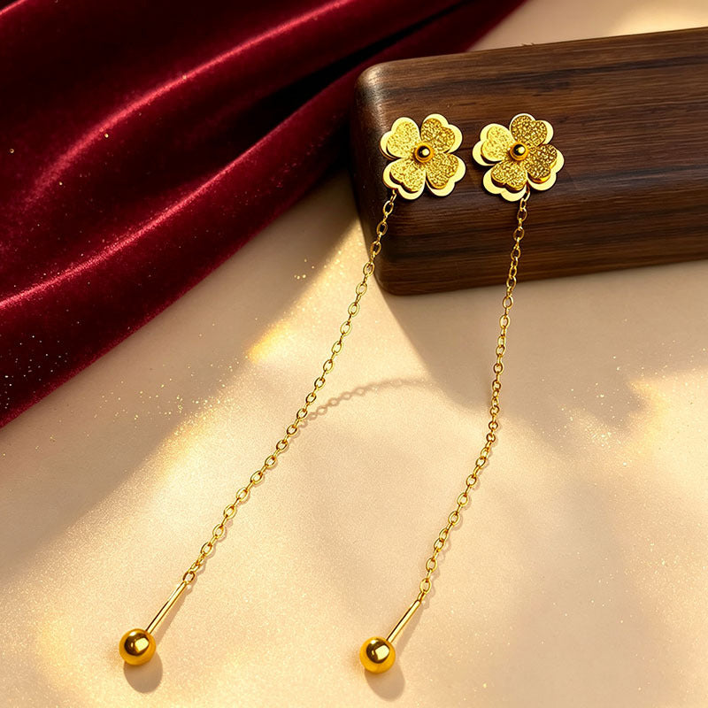 Designed Three-dimensional Matte Clover Drop Earrings With Tassels For Women