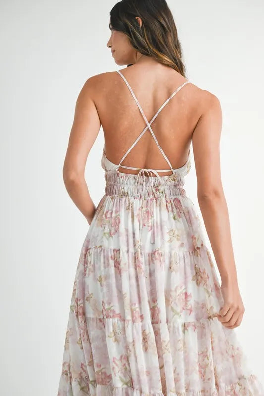Floral Print Tiered Cami Maxi Summer Dress in White or Pink