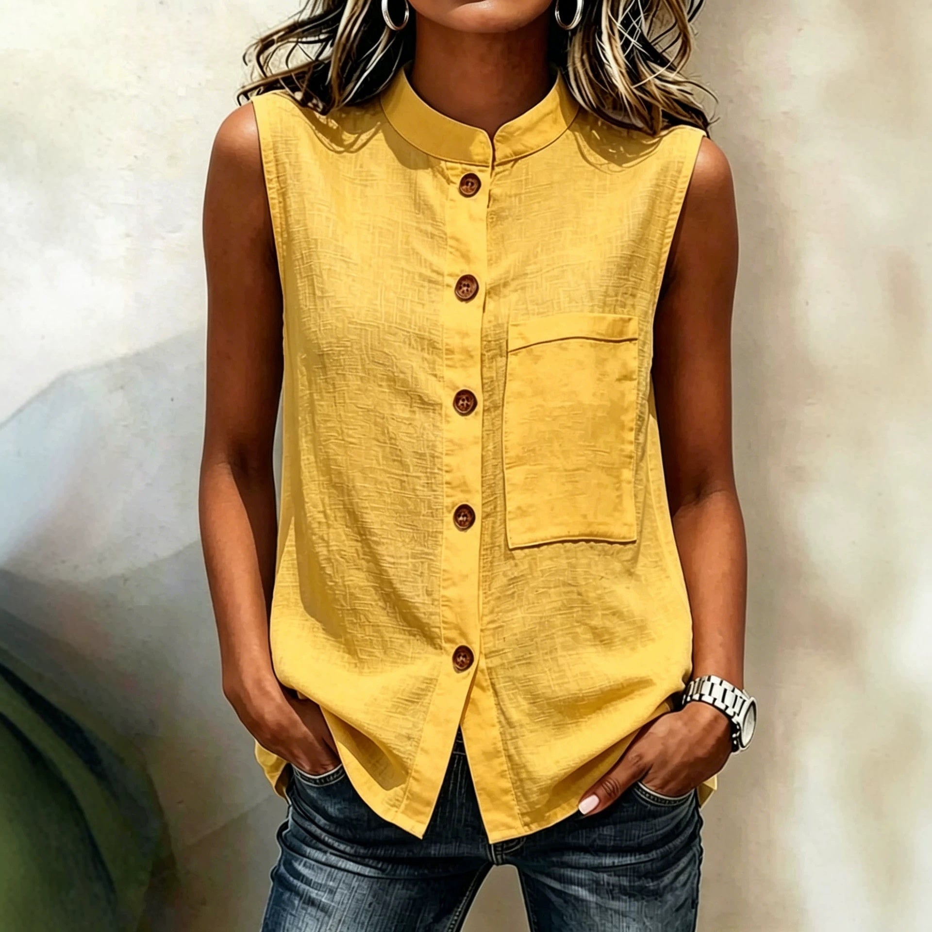 Women's Sleeveless Button-Down Blouse with Chest Pocket - Image 4