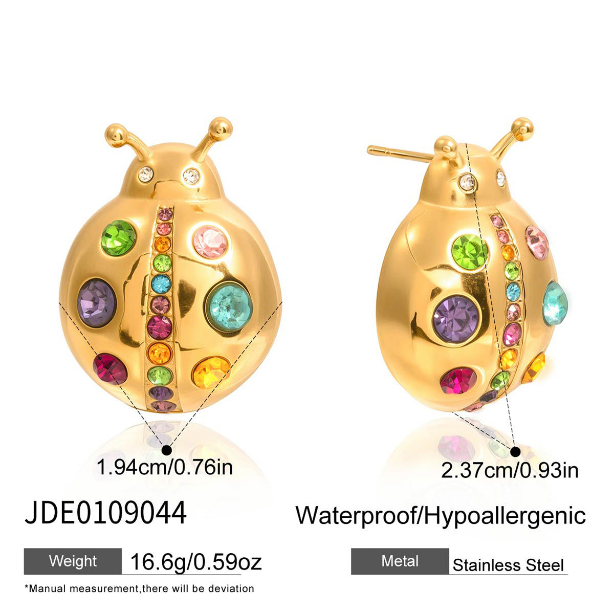 Colorful Zircon Ladybug Stud Earrings in Gold Stainless Steel