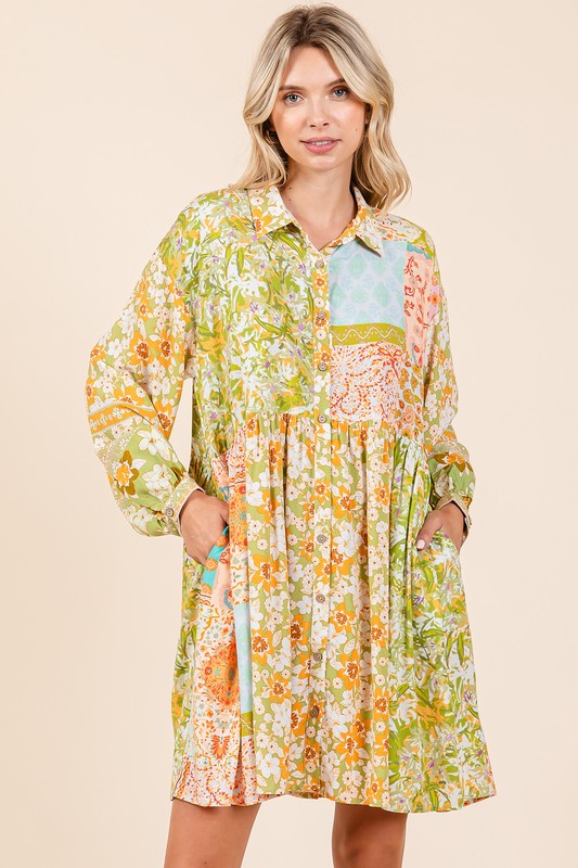 Floral Button Detail Long Sleeve Shirt Dress