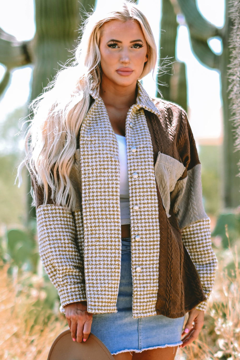 Houndstooth Colorblock Textured Patchwork Shacket