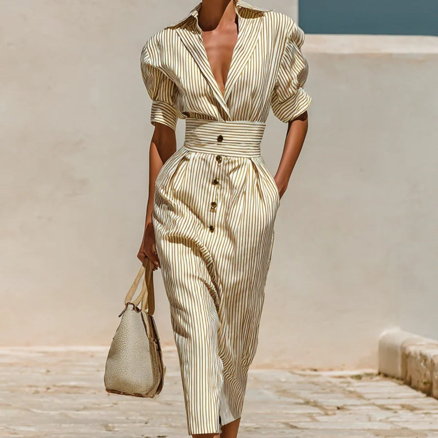 Women Striped Button-Down Midi Dress with High Waist Detail - Image 2