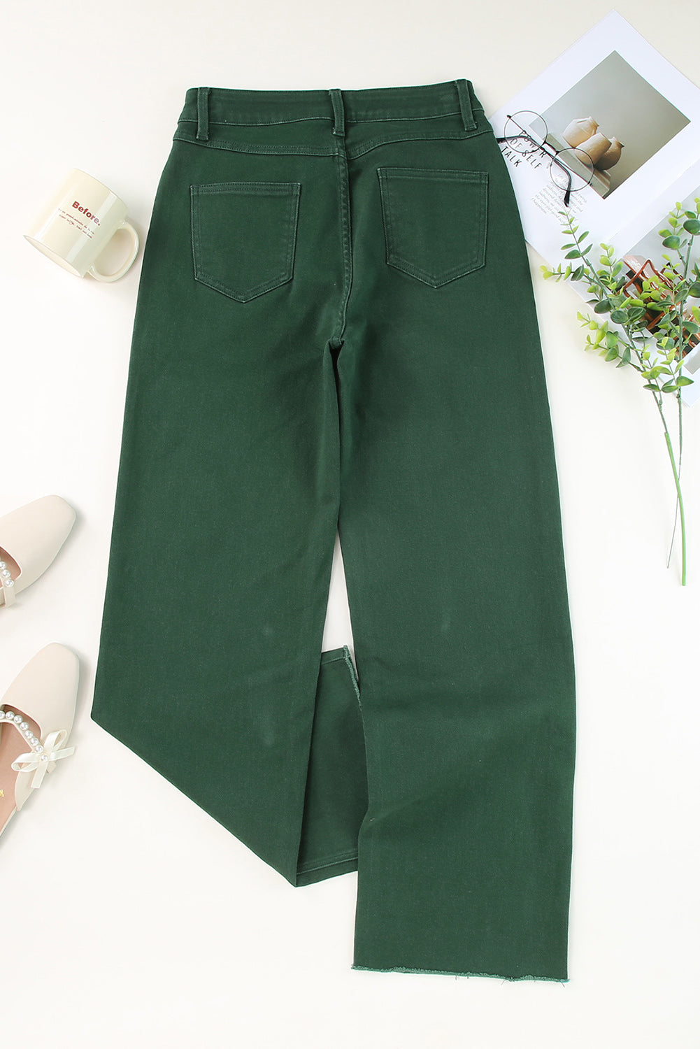 Dark Green Crossed Waist Raw Hem Denim Jeans for Women