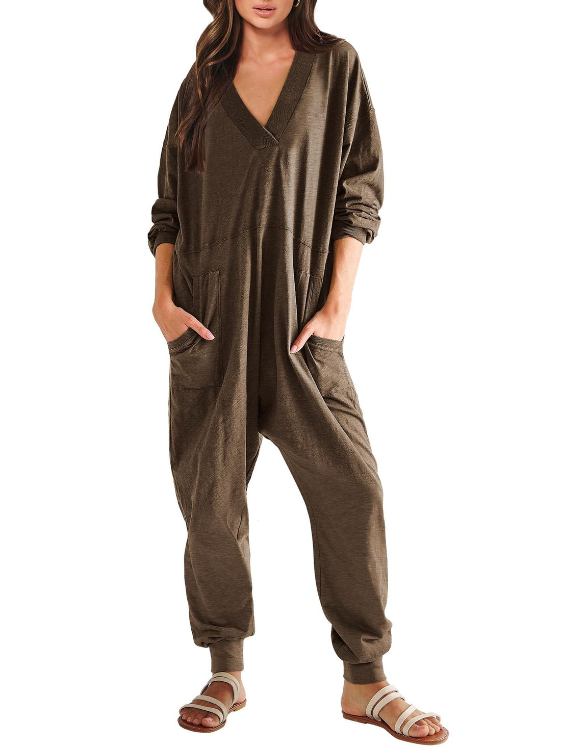 Women’s V-Neck Long Sleeve Solid Color Jumpsuit with Pockets