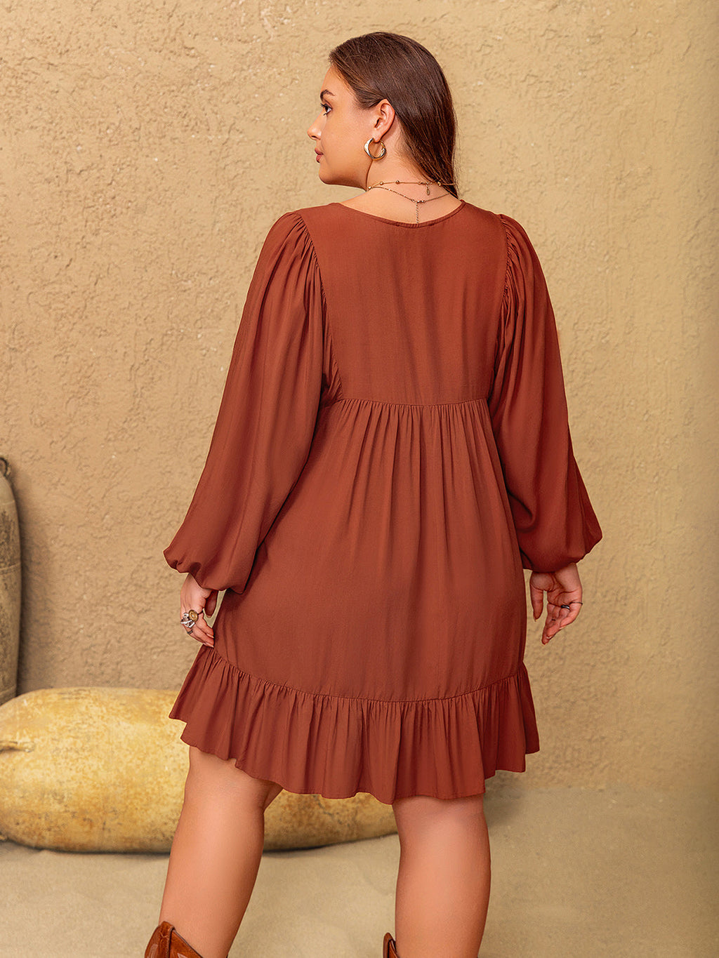 Embroidered Tie Neck Balloon Sleeve Mini Dress in Terracotta