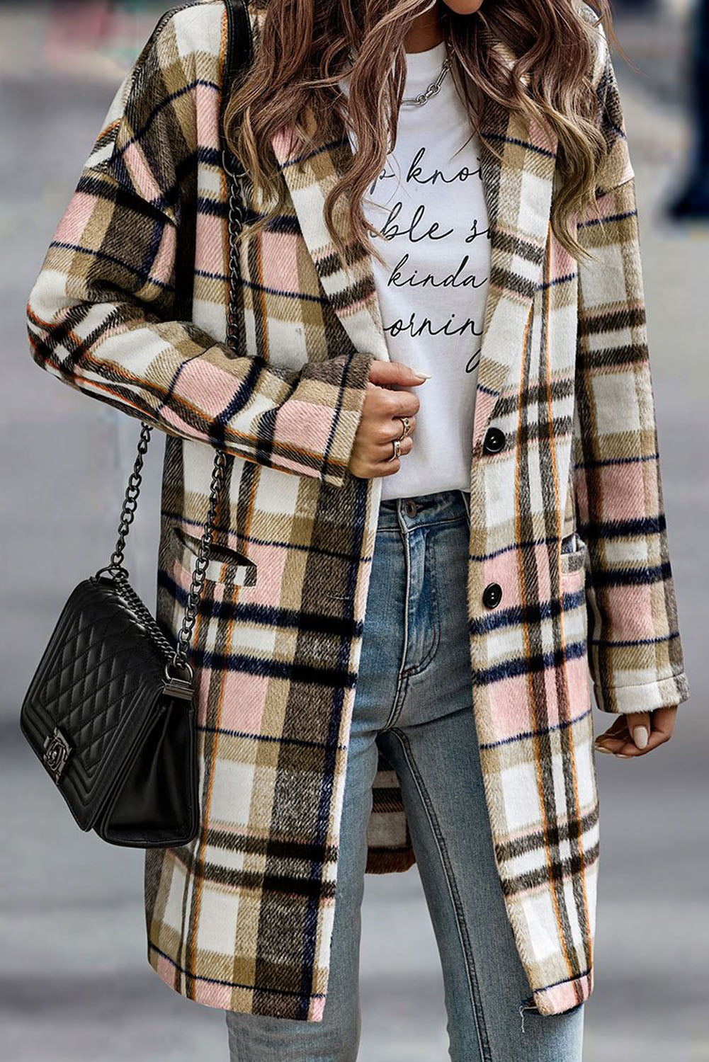 Pink Plaid Button Up Lapel Jacket | Tunic Length Coat