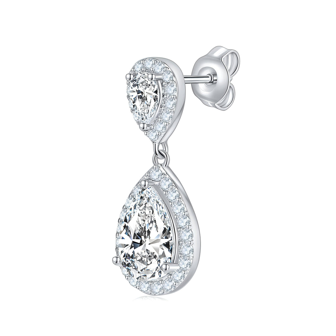 Pear cut moissanite halo drop earrings with hollowed detailing in sterling silver
